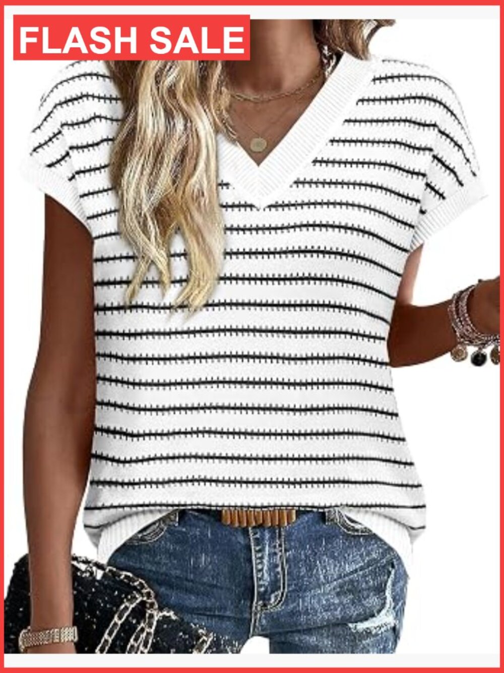 Womens V Neck Short Sleeve Knit Vest Sweater Summer Fall Striped Pullover